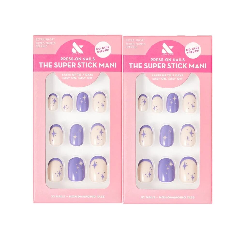 2 Pack Olive & June Super Stick Mani Press-On Fake Nails Mixed Purple Sparkle 32